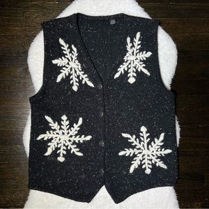 Vintage Black Knit Snowflake Embroidered Wool Blend Vest Medium
